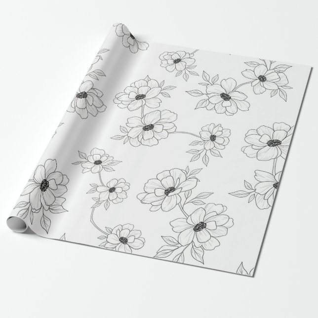 Minimalistisk linjekonst Blomster Sömlöst Mönster  Presentpapper (Utrullad)
