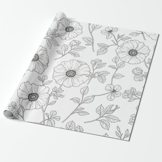 Minimalistisk linjekonst Blomstergivande sömlöst m Presentpapper (Utrullad)