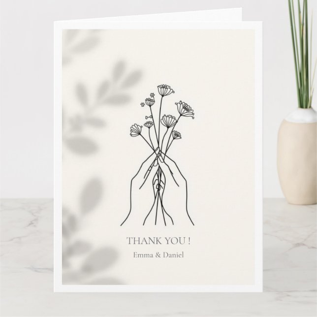 Minimalistisk Linjekonst Händer & Blommor Tacksamh Tack Kort (Framsida)