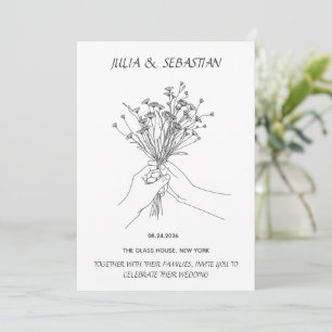 Minimalistisk linjekonst händer som håller blommor inbjudningar