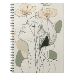 Minimalistisk linjekonst kvinna med blommor anteckningsbok