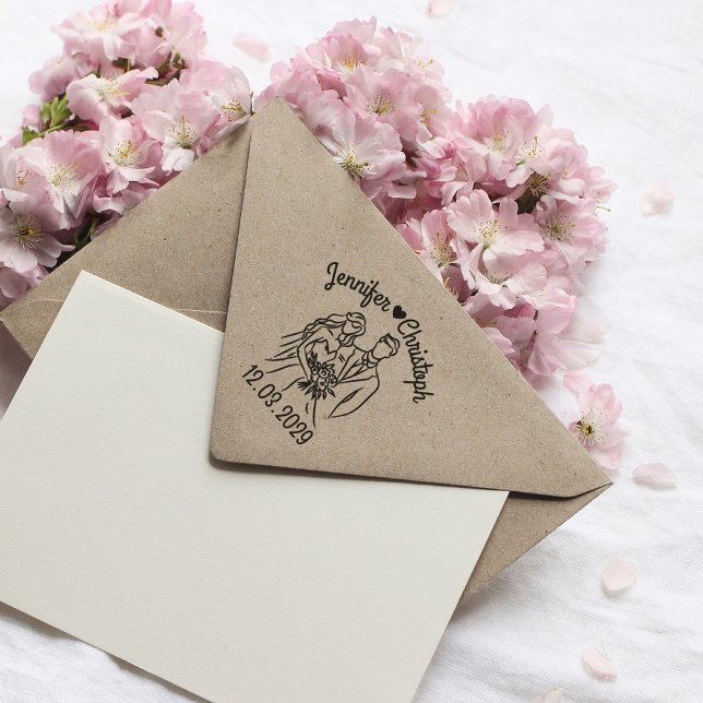 Minimalistisk linjekonst lite Personligt bröllp Fr Stämpel (minimalistic stamp with bride and groom, names and date)
