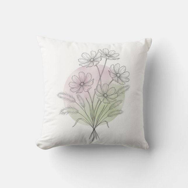 Minimalistisk linjekonst Pastell Rosa Kosmos Blomm Kudde (Framsida)