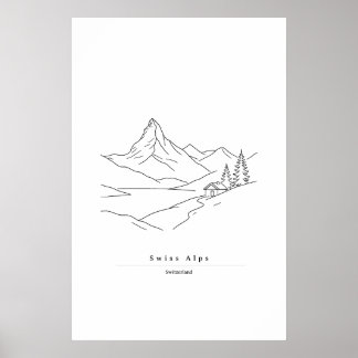 Minimalistisk linjekonsttryck av schweiziska alper poster