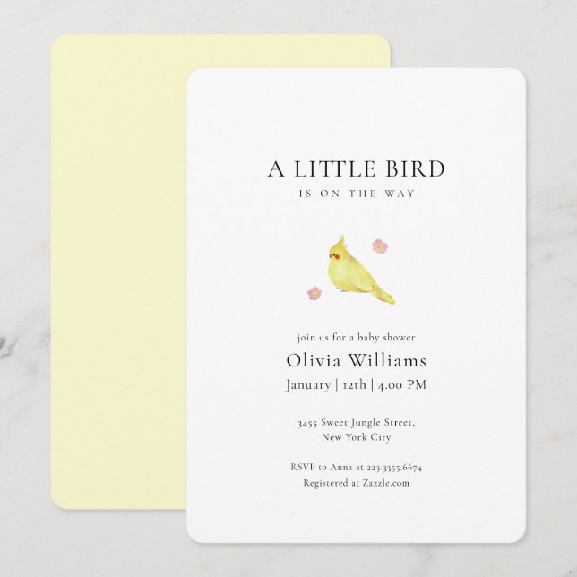 Minimalistisk liten blommig fågel Baby Shower Inbjudningar (Fram/baksida)