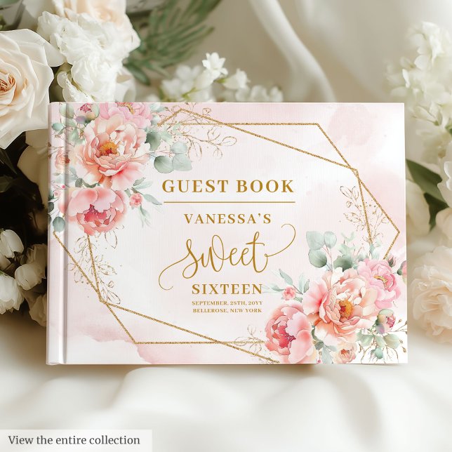Minimalistisk Ljus rosa Guld Peonies Sweet sixteen Gästböcker (Minimalist Light Pink Gold Peonies Sweet Sixteen Guest Book)