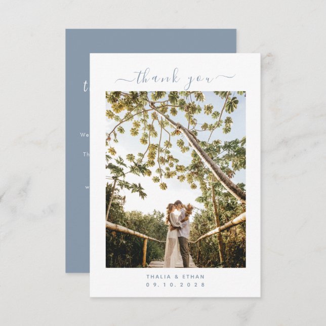 Minimalistisk ljusblå Elegant med foto Bröllop Tack Kort (Fram/baksida)