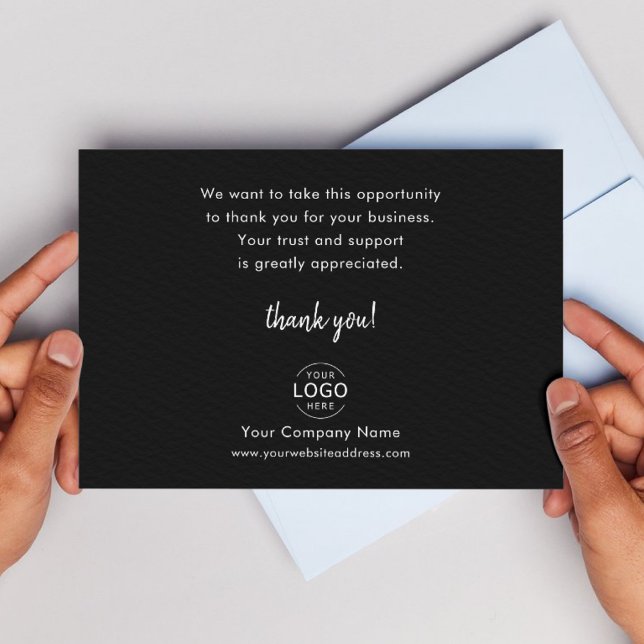 Minimalistisk Logotyp Business Tack Anteckningskort (Business thank you note card. Black background and white text. Logo. )