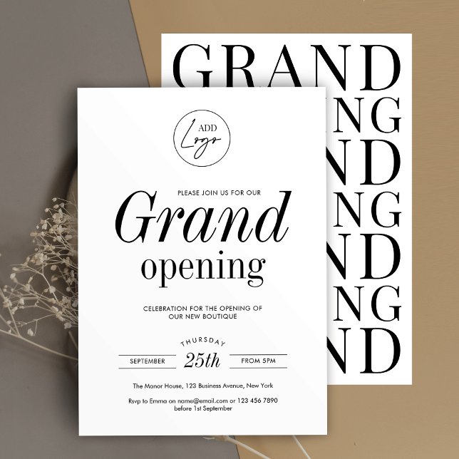 Minimalistisk Logotyp - enkel Chic - stor öppning Inbjudningar (Grand opening invitation in minimalist design with bold typography and space for your logo)