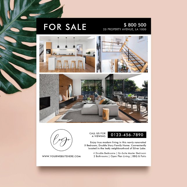 Minimalistisk Logotyp Foton Marknadsföring Egendom Reklamblad (Minimalist modern house for sale marketing flyer with photos and your contact details)