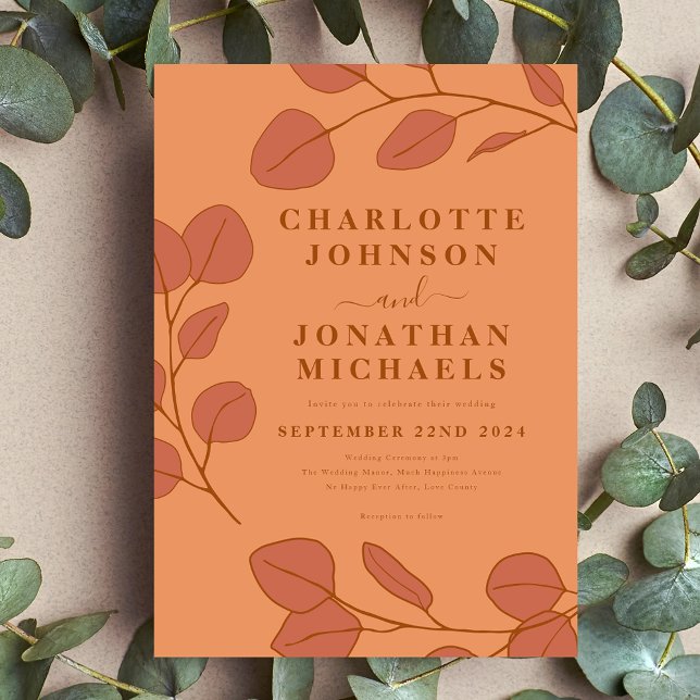 Minimalistisk Löv Bränd Orange Höstbröllop Inbjudningar (Minimalist eucalyptus leaves modern stylish orange and peach wedding invitation )