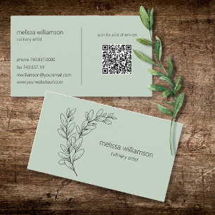 Minimalistisk lövverk på salvia grön med QR-kod  Visitkort