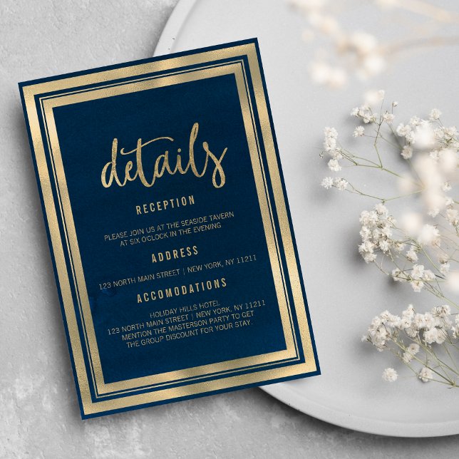 Minimalistisk lyx guld marinblå bröllopsdetaljer  inbjudningar (Minimalist luxury gold navy blue wedding Details )