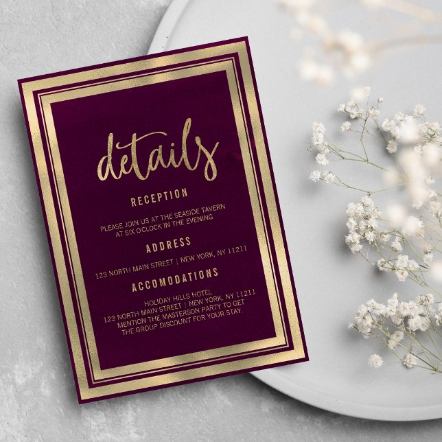 Minimalistisk lyx guld vinröd bröllopsdetalj  inbjudningar (Minimalist luxury gold burgundy wedding Details)
