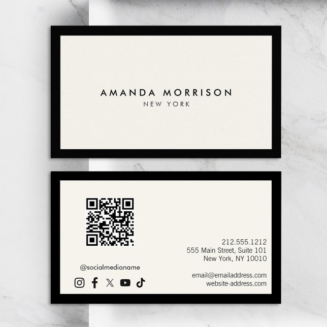 Minimalistisk lyxig svart/ivoriansk QR-kod Social  Visitkort (Skapare uppladdad)