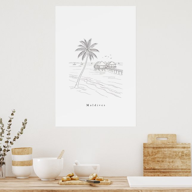 Minimalistisk Maldiverna Strand Linjekonst Resaaff Poster (Kök)