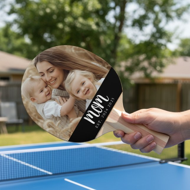 Minimalistisk mamma etablerad svart foto med text pingisracket (fun custom photo mom established date years ping pong paddle gift for mother's day or christmas)