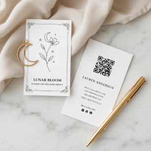 Minimalistisk månblomma floristkort med QR-kod Visitkort