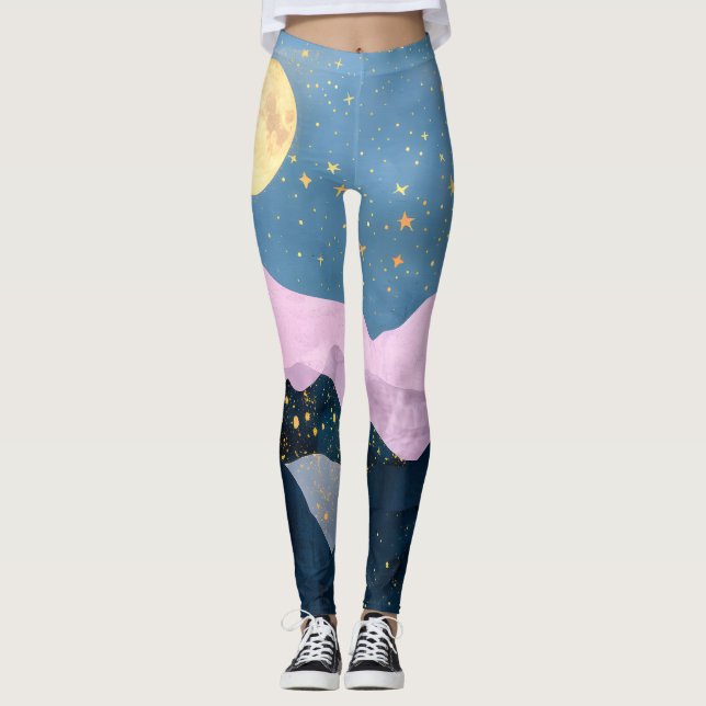 Minimalistisk månstjärnor himmelsk bergsdal leggings (Framsida)