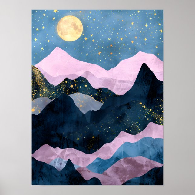 Minimalistisk månstjärnor himmelsk bergsdal poster (Framsidan)