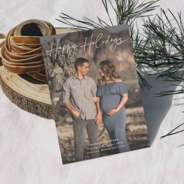 Minimalistisk manus graviditetsfoto  julkort (Minimalist Script Happy Holidays Pregnancy Photo Announcement Holiday Card.)