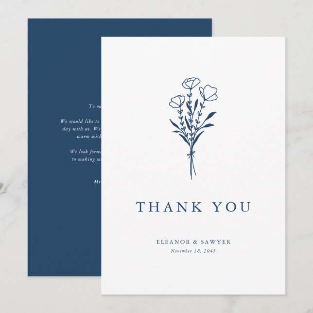 Minimalistisk marin blå Blommigt Bouquet Bröllop Tack Kort (Fram/baksida)