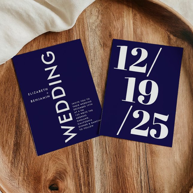 Minimalistisk marin blå och vit enkel fet Bröllop Inbjudningar (Skapare uppladdad)