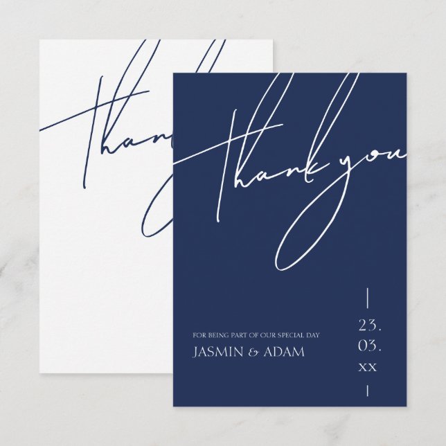 Minimalistisk marin blå skripttypografi Bröllop Tack Kort (Fram/baksida)