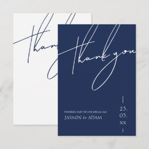 Minimalistisk marin blå skripttypografi Bröllop Tack Kort