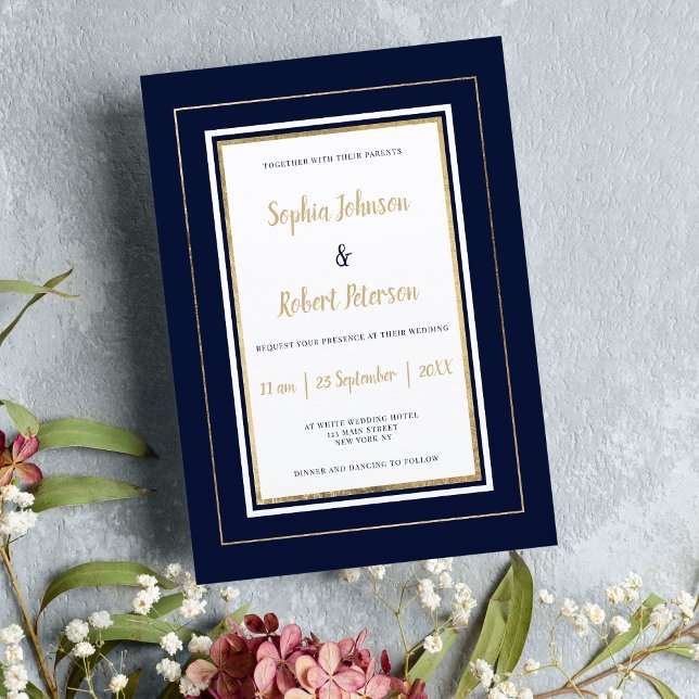 Minimalistisk marin blå vit guld elegant bröllop inbjudningar (Minimalist navy blue white gold elegant wedding)