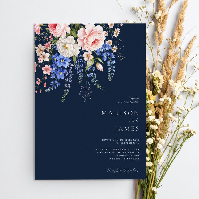 Minimalistisk marin BlueBoho Wildblomma Blommigt B Inbjudningar (Skapare uppladdad)