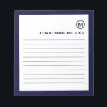 Minimalistisk marin flotta i monogram anteckningsblock<br><div class="desc">Ett modernt,  minimalistiskt,  invändigt anteckningsblock i marinblått och vitt. Anpassningsbar monogram initial och namn på en vit bakgrund,  inramad av ett marint blått gräns. Anpassa med hjälp av fält eller använda meddelandeknappen för att kontakta designern för hjälp.</div>