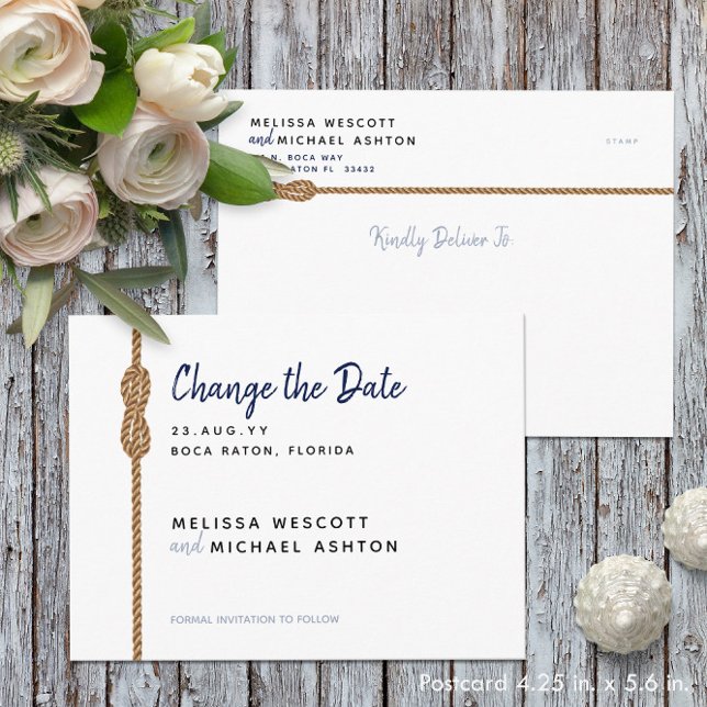 Minimalistisk ⛵ marin + vit ändring av datum meddelande vykort (Minimalist Nautical ⛵ Navy + White Change The Date Announcement Postcard
)