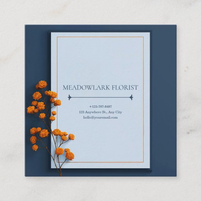 Minimalistisk marinblå apelsinblomma guld ram fyrkantigt visitkort (Framsida)