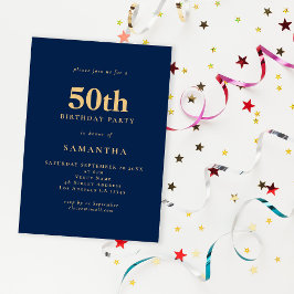 Minimalistisk marinblå Guld 50:e födelsedag Inbjudningar