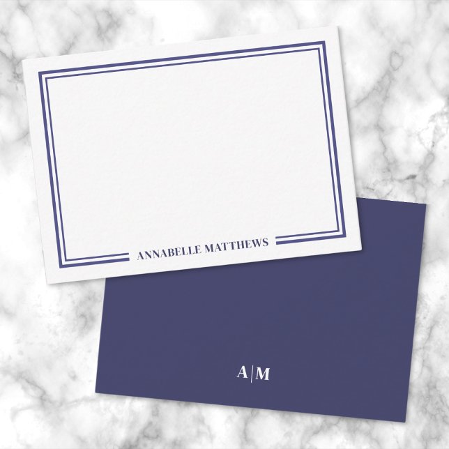 Minimalistisk marinblå monogram med två ramar anteckningskort (Minimalist Navy Blue Two Border Monogram Note Card )