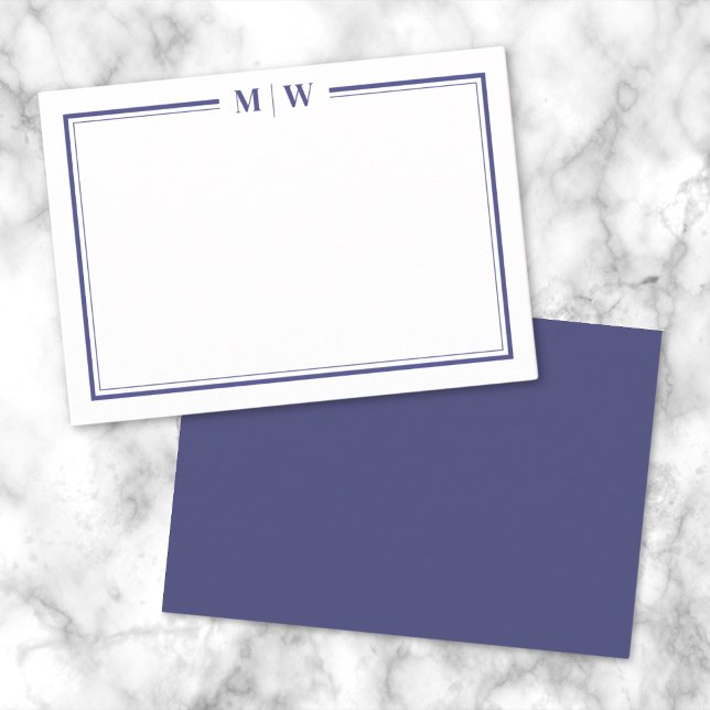 Minimalistisk marinblå monogram med två ramar anteckningskort (Minimalist Navy Blue Two Border Monogram Note Card)