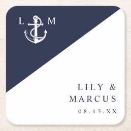 Minimalistisk marinblå nautisk monogram bröllop underlägg papper kvadrat