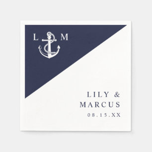 Minimalistisk marinblå nautisk monogrambröllop pappersservett