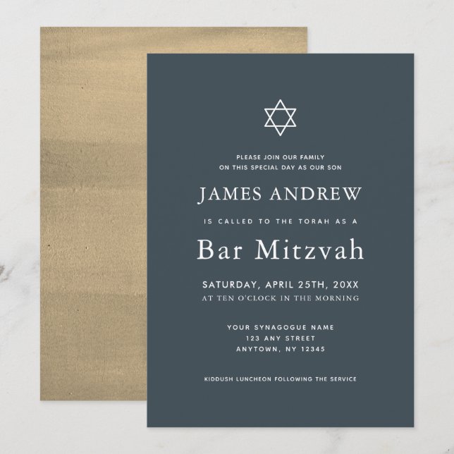 Minimalistisk marinblå och Guld Pub Mitzvah Inbjudningar (Fram/baksida)