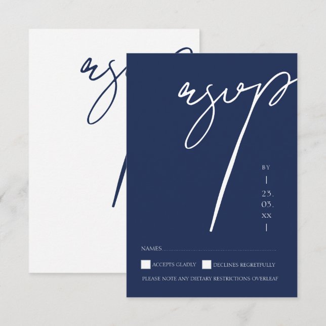 Minimalistisk marinblå script-typografi bröllop OSA kort (Fram/baksida)