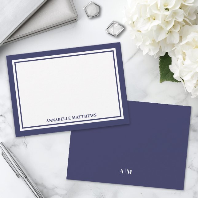 Minimalistisk marinblå två gränser monogram anteckningskort (Minimalist Navy Blue Two Border Monogram Note Card )