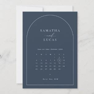 Minimalistisk marinblå valvkalender Spara datumet Inbjudningar
