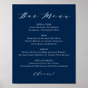 Minimalistisk marinblå vigselmeny för bröllopsbar poster