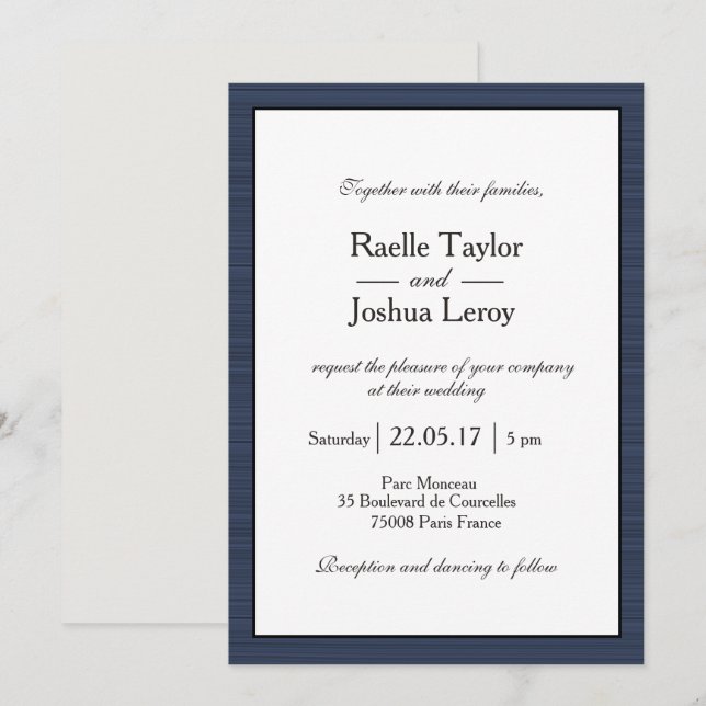 Minimalistisk marinblå vit Grått Rand Bröllop Inbjudningar (Fram/baksida)
