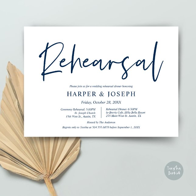Minimalistisk marinblått, Bröllop Rehearsal och Mi Inbjudningar (Wedding Rehearsal and Dinner Invitation Card, PDF, Modern Minimalist Elegant, in Navy Blue)