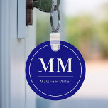 Minimalistisk marinblåvit monogram initialer namn nyckelring<br><div class="desc">En blå bakgrund,  vit text. Med en vit ram. Anpassa och lägg till ditt monogram initialer och namn. För både honom och henne.</div>