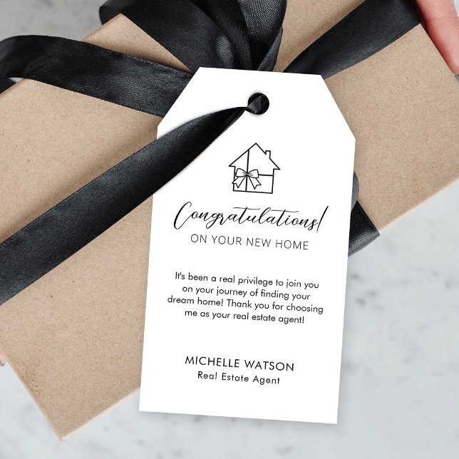 Minimalistisk Märkre av Egendom Sale Agent Simple  Presentetikett (Fully editable minimalist real estate gift tags with space for your custom message)