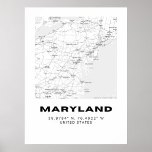 Minimalistisk Maryland Karta Art - Svartvit Poster