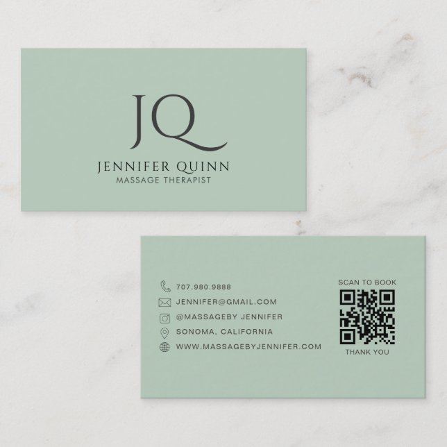 Minimalistisk massageterapeut Grön QR-kod Visitkort (Fram/baksida)